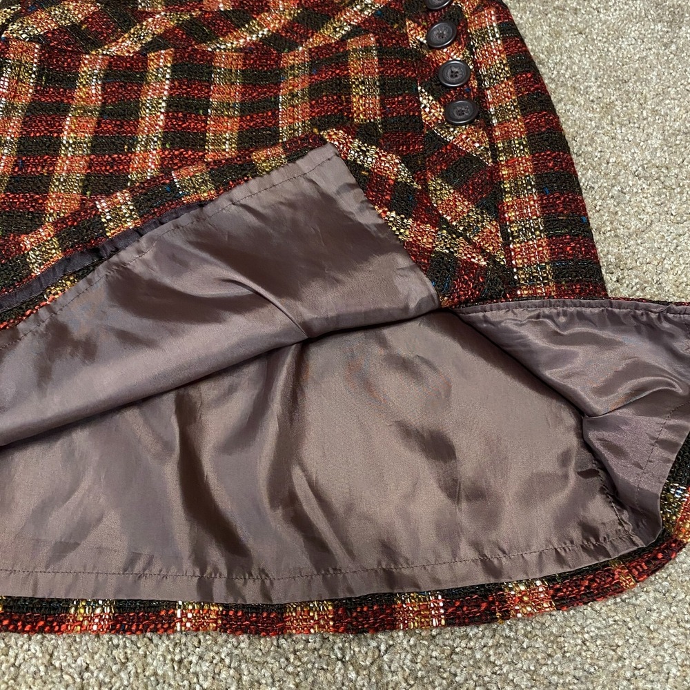 Dressbarn Tweed Short Skirt Wool Blend Sz 8 Brown Plaid Buttons Equestrian Fall - Picture 7 of 9